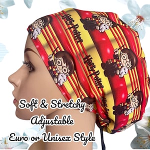 May include: A red, yellow, and black patterned surgical cap with the words "Harry Potter" repeated on the fabric. The cap is soft, stretchy, and adjustable. It is available in Euro or unisex style.
