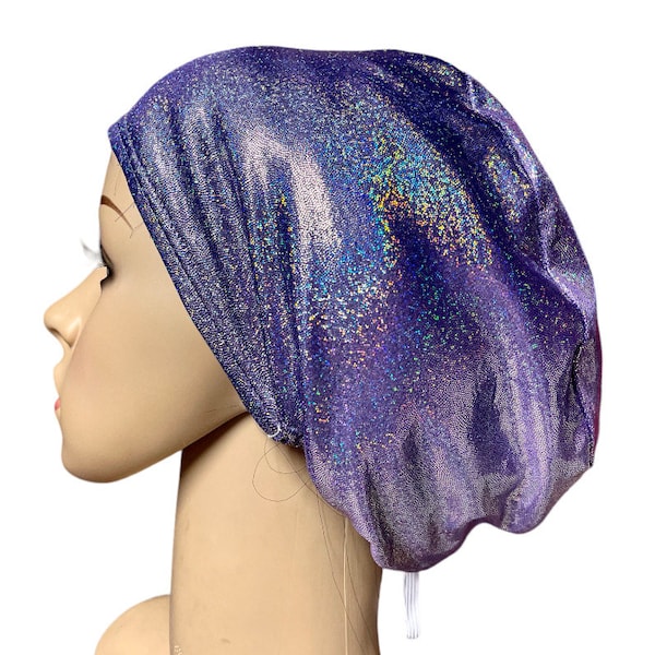 Festive Hologram Purple bright shiny Euro style scrub cap/Satin/Buttons/Tie option/Adjustable Nurse surgical cap