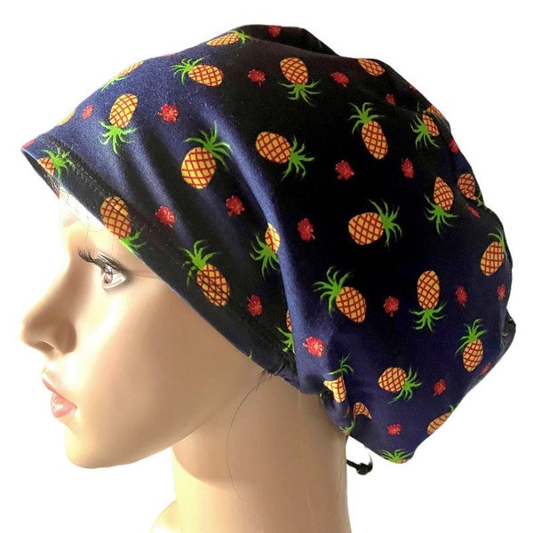 Soft Pineapple navy blue scrub cap/Euro style stretchy Adjustable surgical cap/Satin/Buttons/Tie option/Nurse cap