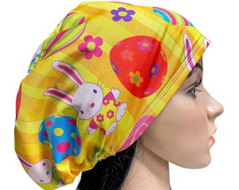 Soft Easter bunnies/eggs Scrub Cap/Yellow colorful Adjustable Euro style stretchy hat/Satin linen option