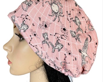 Pink Zodiac Stretchy Scrub Cap: Adjustable Nurse Hat