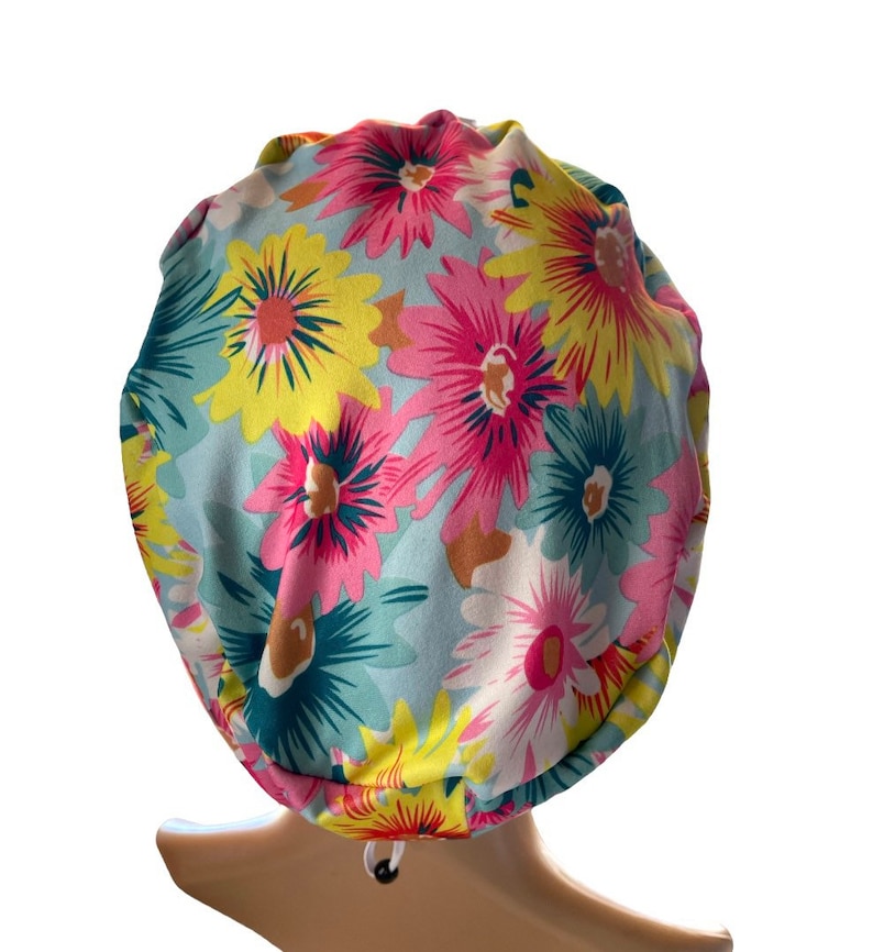 Watercolor Floral Teal/Pink/Yellow Scrub cap/Soft Euro style stretchy hat/Satin linen/Buttons/Tie option/Spring/Summer print/Nurse hat image 3
