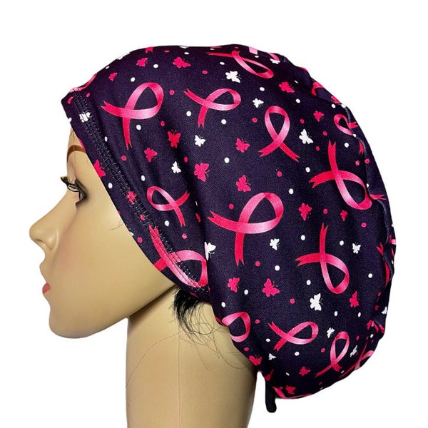 Breast cancer awareness purple colorful Soft stretchy Euro or Unisex style scrub cap/Satin/Buttons/Tie option/Adjustable Nurse surgical cap