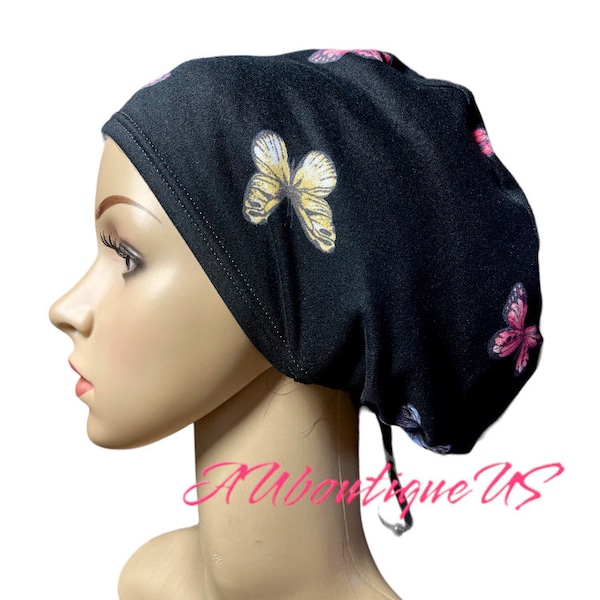 Black/Blue, Pink, Yellow Butterflies scrub cap/Soft Stretchy Euro or Unisex Style scrub hat/Satin lined option/Adjustable Nurse hat