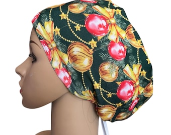 Christmas Ornaments Scrub Cap: Soft, Stretchy Holiday Gold Green Red Adjustable Nurse Hat