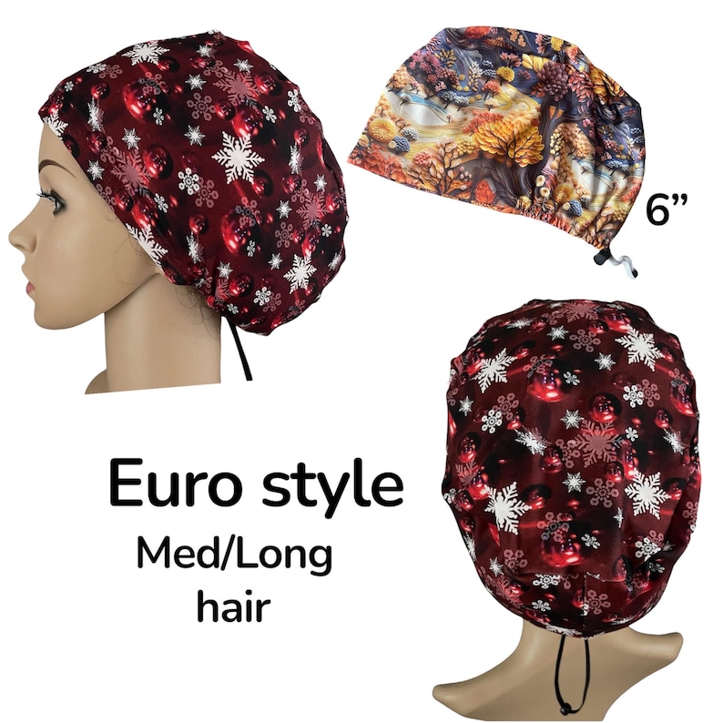 May include: Three Euro-style scrub caps. One is burgundy with white snowflakes and ornaments. Another features a colorful coral reef design. The third cap is burgundy with white snowflakes and ornaments. The caps are approximately 6 inches in diameter.