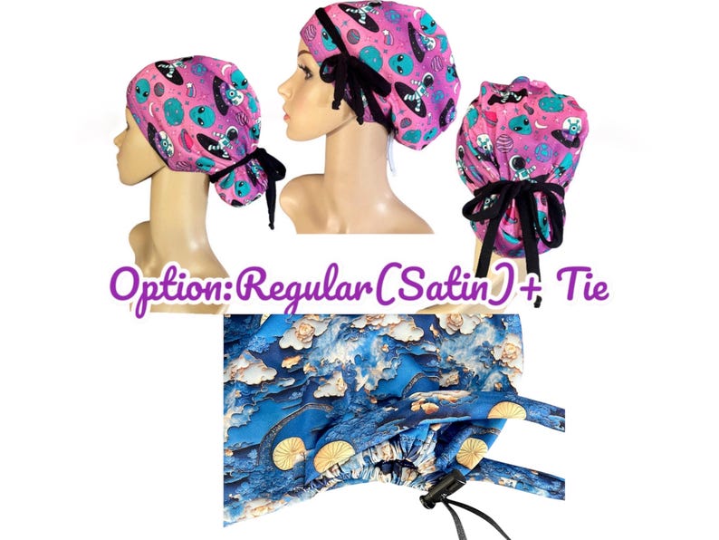 May include: Pink surgical scrub cap with an alien and astronaut print. The cap has a black tie closure and is made of satin. The image also shows a close-up of the blue and white patterned fabric.