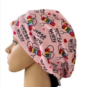 Nurse pink colorful Soft stretchy Euro style scrub cap/Satin/Buttons/Tie option/Adjustable surgery cap