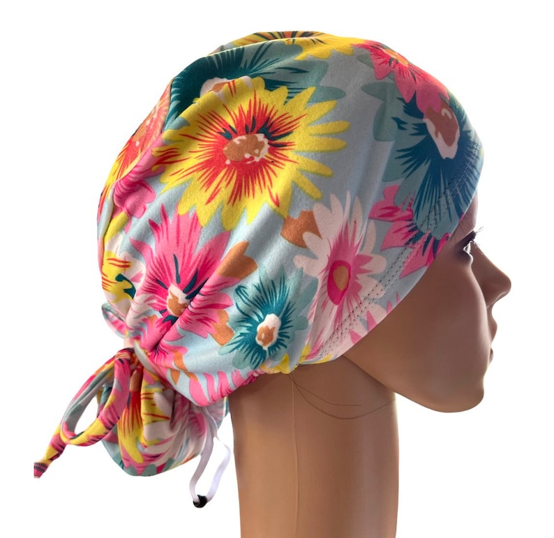 Watercolor Floral Teal/Pink/Yellow Scrub cap/Soft Euro style stretchy hat/Satin linen/Buttons/Tie option/Spring/Summer print/Nurse hat image 9