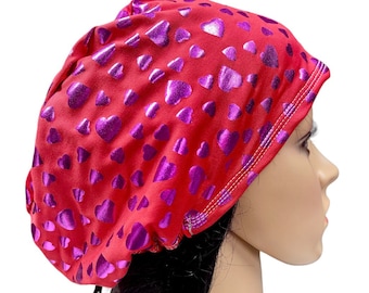Valentine&#39;s Red Scrub Cap: Purple Foil Hearts, Adjustable Surgical Hat