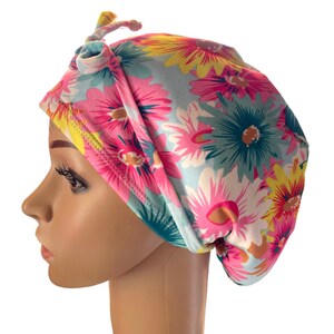 Watercolor Floral Teal/Pink/Yellow Scrub cap/Soft Euro style stretchy hat/Satin linen/Buttons/Tie option/Spring/Summer print/Nurse hat image 2