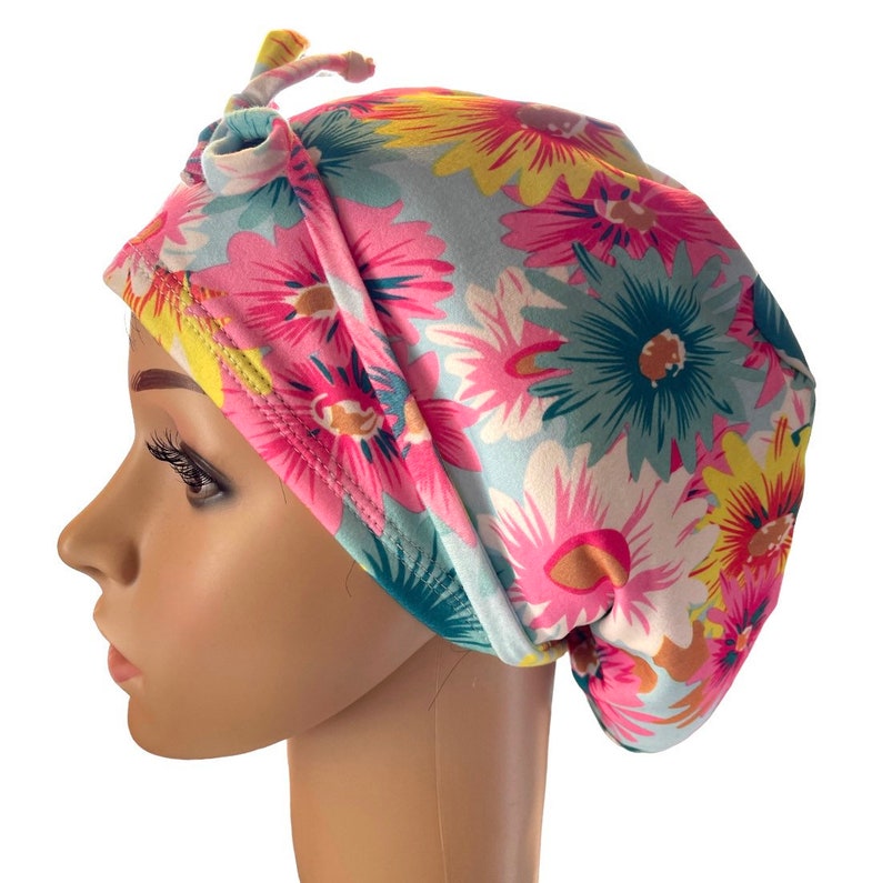 Watercolor Floral Teal/Pink/Yellow Scrub cap/Soft Euro style stretchy hat/Satin linen/Buttons/Tie option/Spring/Summer print/Nurse hat image 2