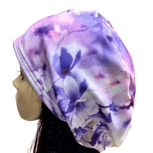 Soft stretchy Tie dye Magnolia Floral Lilac/Purple scrub hat/Satin linen option/Euro style cap/Adjustable with toggle surgical scrub cap