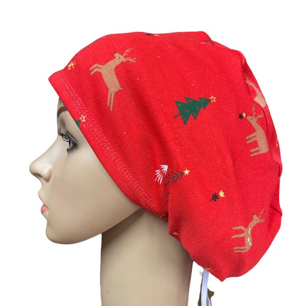 Christmas Animals Red Snow gold glitter Soft stretchy Euro scrub cap/Satin/Buttons/Tie option/Adjustable Nurse surgical cap