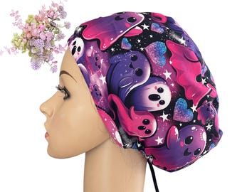 Halloween Ghosts Scrub Cap: Purple Pink, Soft Stretchy Nursing Hat
