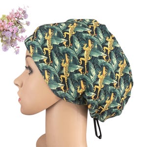 Lizard, Tropical Leaf Scrub Hat, Green Yellow Soft & Stretchy  Scrub Cap/ Nurse Surgical hat