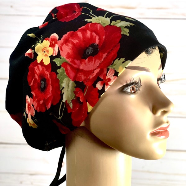 Soft Red Flowers on Black scrub cap/Euro style Adjustable stretchy nurse hat/Satin linen option