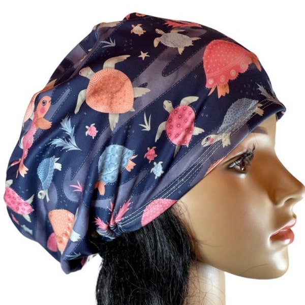 Soft stretchy Scrub Cap for women/Sea Turtles scrub hat /Satin linen/Buttons/Tie option/Adjustable surgical hat/Nurse surgery hat