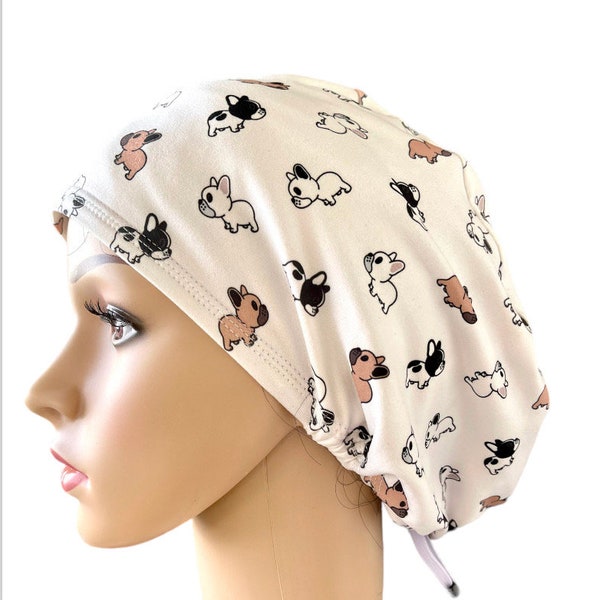 Soft Frenchie puppies Euro style scrub cap/Satin linen/Buttons/Tie option/White stretchy Adjustable Nurse hat