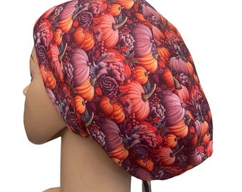 Thanksgiving Pumpkins, Roses Scrub Cap: Soft Stretchy Fall Floral Surgical Hat