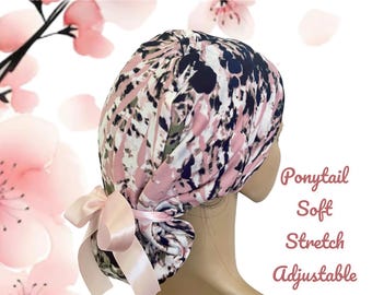 Tie Dye Ponytail Scrub Cap: Adjustable Soft Stretchy Nurse Hat