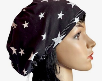 Stars on Black Scrub Cap: Stretchy Cotton Surgical Cap