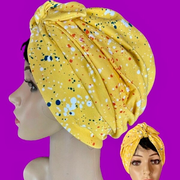 Yellow colorful paint splash with bow Soft stretchy Turban style scrub cap/Satin/Buttons option/Adjustable Nurse surgical cap