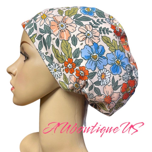 Spring flower scrub cap/Peach Euro or Unisex Style Summer scrub hat/Satin lined option/Adjustable Nurse surgical cap