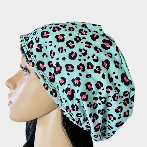 Animal print Leopard Mint/Pink scrub cap/Soft stretchy surgical hat/Satin linen/Buttons/Tie option/Adjustable surgery hat/Nurse hat