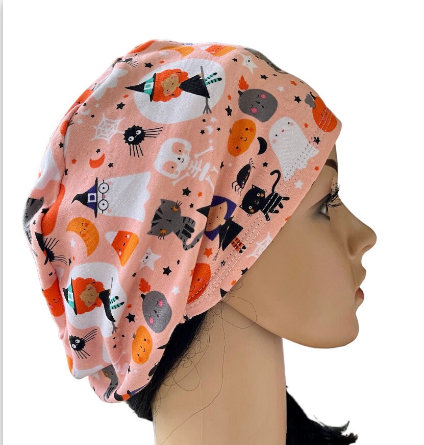 Halloween Spooky friends Peach Soft stretchy  Euro scrub cap/Satin/Buttons option/Adjustable Nurse surgical cap