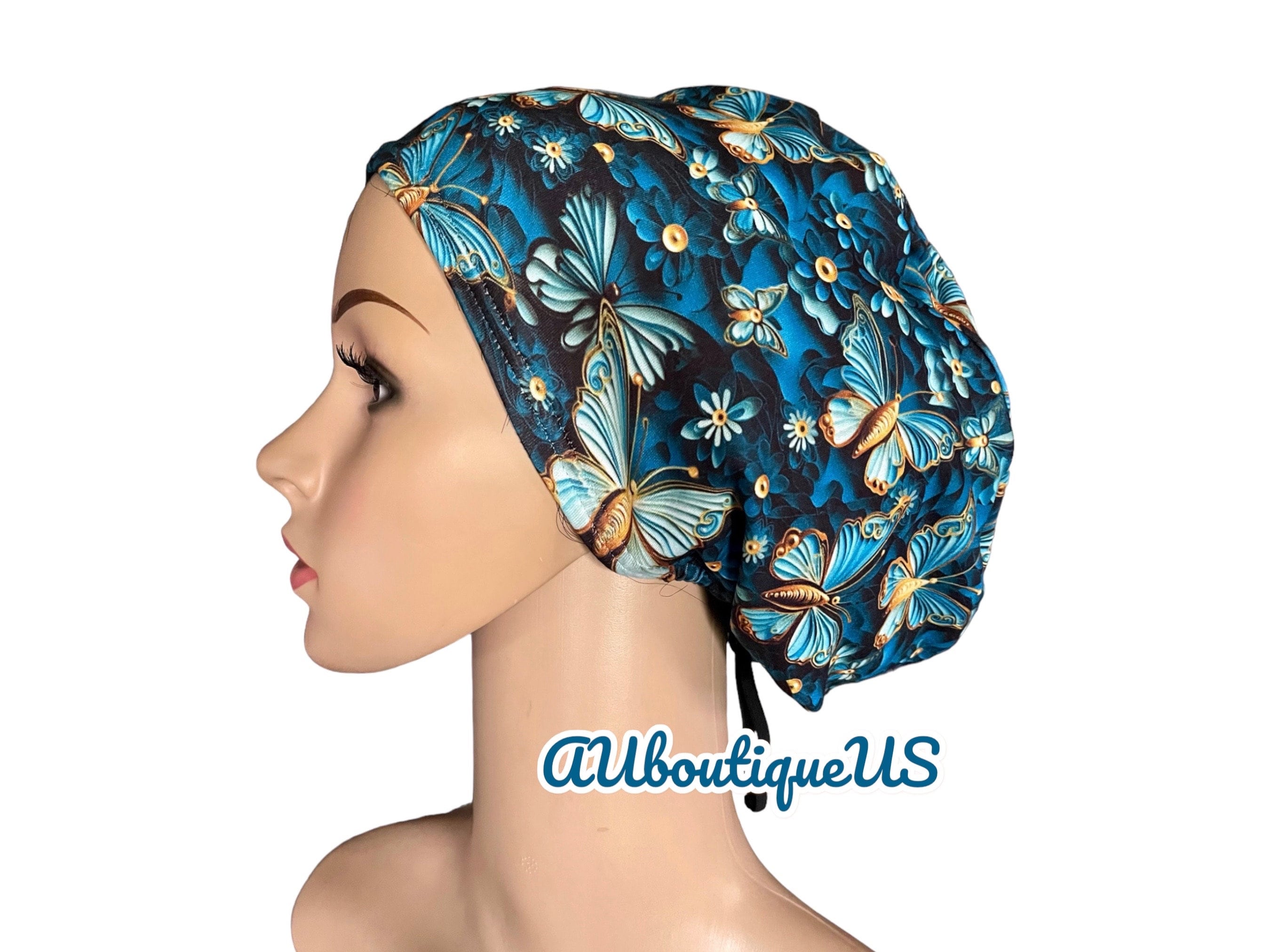 Gold Butterfly Royal Blue Floral Scrub Cap: Soft Stretchy  display picture 3