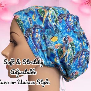 May include: A blue and green patterned surgical cap with a drawstring closure. The cap is soft and stretchy and adjustable. The text "Soft & Stretchy Adjustable Euro or Unisex Style" is printed on the image.