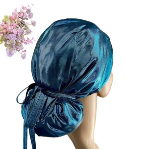 Turquoise Foil Ponytail Scrub Cap: Soft Stretchy Surgical Hat