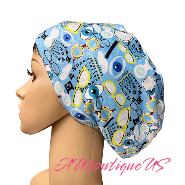 Eye Doctor Blue scrub cap/Glasses Soft Stretchy Euro or Unisex Style scrub hat/Satin linen/Buttons/Tie option/Adjustable Nurse surgical cap