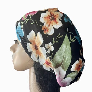 Soft Floral Black/Pink/Blue scrub cap/ Euro style stretchy adjustable surgical hat/Satin linen option