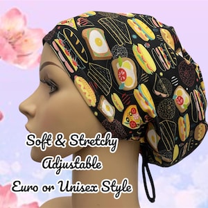 May include: A black and white patterned surgical scrub hat with a variety of food items, including sandwiches, hot dogs, and eggs. The hat is adjustable and has a tie at the back. Soft & Stretchy Adjustable Euro or Unisex Style.