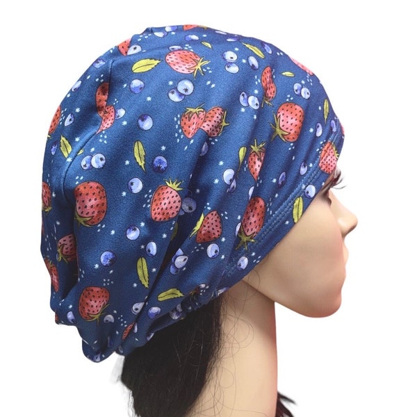 Soft stretchy Strawberry and Blueberry navy blue Euro scrub cap/Satin/Buttons/Tie option