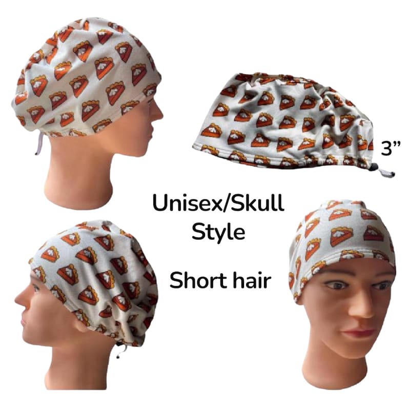 May include: White skull cap with a repeating pattern of orange and brown pie slices. The cap is designed for short hair and is labeled "Unisex/Skull Style". The cap measures 3 inches.