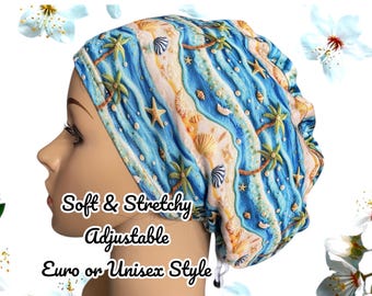 Tropical Beach Scrub Cap: Soft Stretchy Nurse Hat, Satin Lined Option
