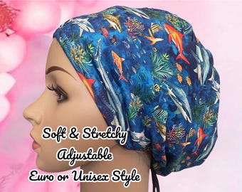 Shark Print Scrub Cap: Soft Stretchy Under the Sea Surgical Hat