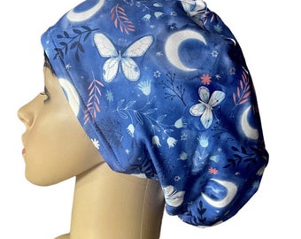 Soft Galaxy/Moon/Butterfly blue scrub cap/Stretchy surgical hat/Satin linen/Buttons/Tie option/Euro/Unisex style Nurse hat/Adjustable