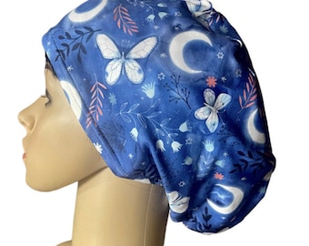 Soft Galaxy/Moon/Butterfly blue scrub cap/Stretchy surgical hat/Satin linen/Buttons/Tie option/Euro/Unisex style Nurse hat/Adjustable