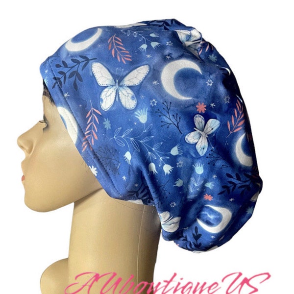 Soft Galaxy/Moon/Butterfly blue scrub cap/Stretchy surgical hat/Satin linen/Buttons/Tie option/Euro/Unisex style Nurse hat/Adjustable