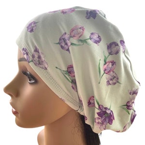 Lilac Tulips Surgical Scrub Cap: Stretchy Mint Euro Style, Satin Linen