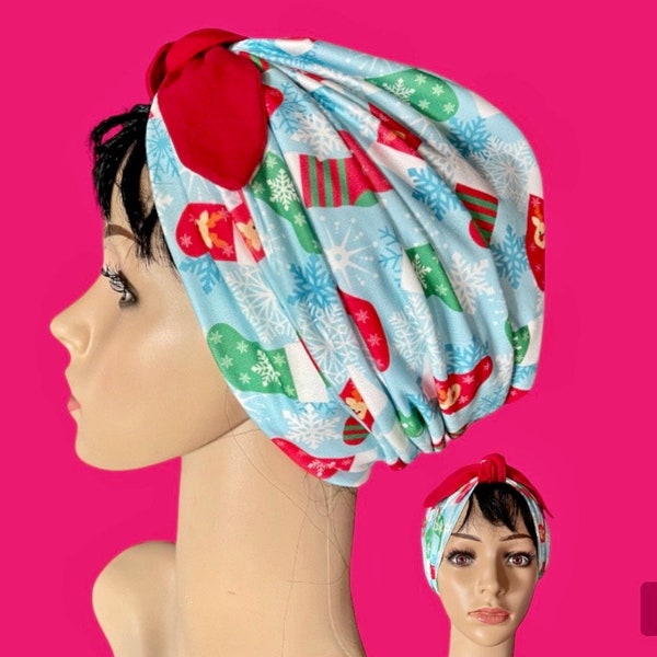 Christmas Sox with bow Soft stretchy Turban style scrub cap/Satin/Buttons option/Adjustable Nurse surgical cap