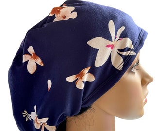 Floral Navy Blue Scrub Cap: Stretchy Surgical Hat, Adjustable