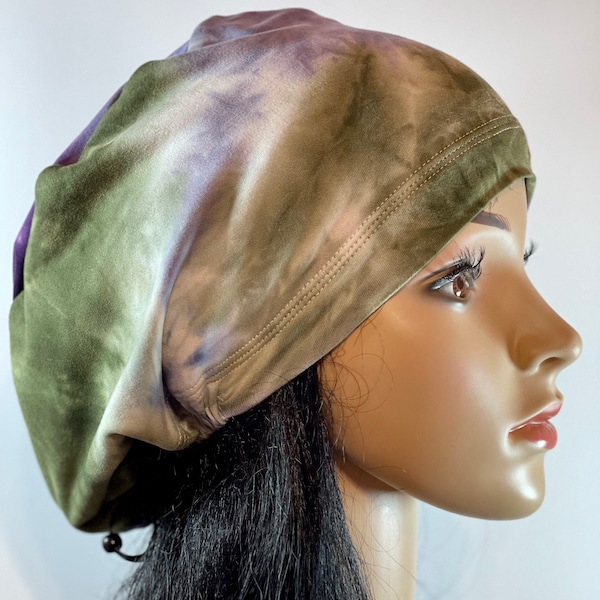 Soft Scrub Cap for women/TIE DYE/Olive/Purple surgical cap/Adjustable Euro style stretchy nurse hat/Satin linen option