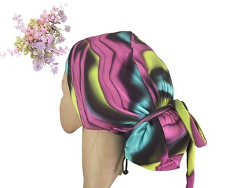 Tie Dye Ponytail Scrub Cap: Neon Bright, Soft & Stretchy