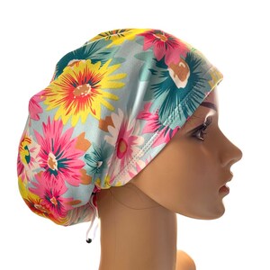 Watercolor Floral Teal/Pink/Yellow Scrub cap/Soft Euro style stretchy hat/Satin linen/Buttons/Tie option/Spring/Summer print/Nurse hat image 8