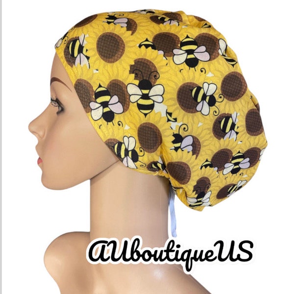 Sunflower and Bee Summer scrub cap/Cute Soft Stretchy Euro or Unisex Style scrub hat/Satin lined option/Adjustable Nurse surgical cap